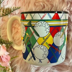 Vintage 90s Colorful Argyle Golf Balls & Tees Coffee Cup Flowers Inc. Balloons